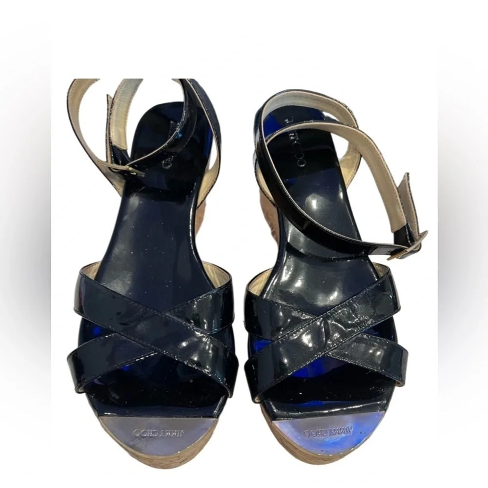 Jimmy Choo Black Patent Leather Cork Wedge Platform Ankle Strap Sandal